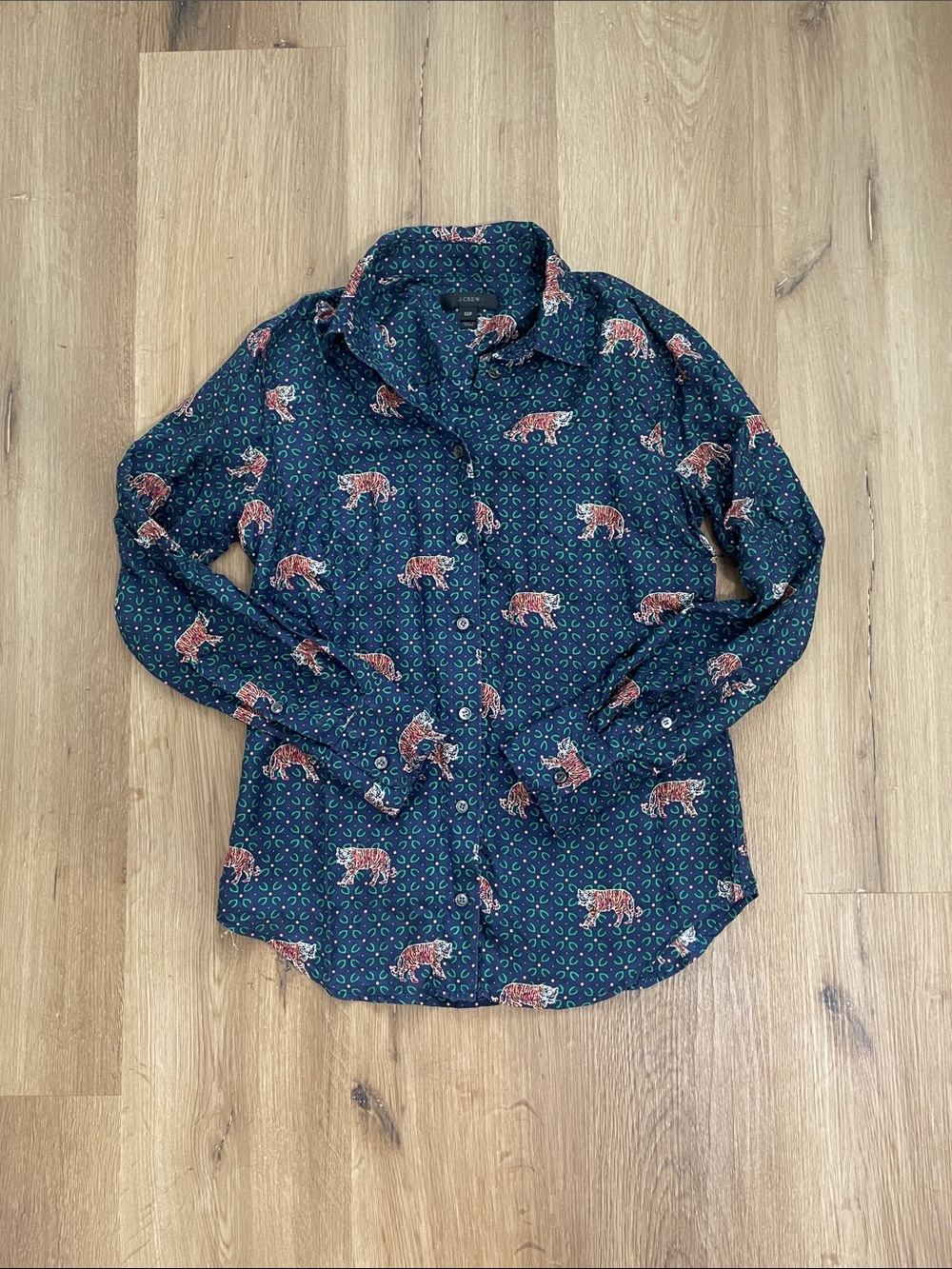 J. Crew Silk Navy Button-Up Shirt with Orange Tiger Motif